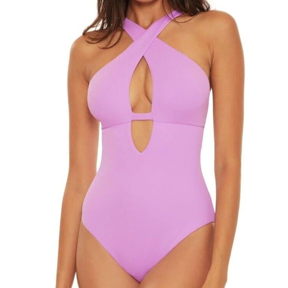 BECCA by Rebecca Virtue Fine Line Rib Tessa High Neck One-Piece Size Small